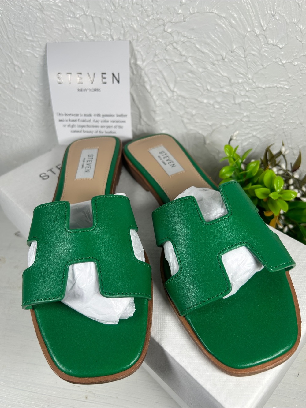 🆕Steven New York HADYN Green Leather Slide In Mules Flat Sandal NWTBoxed - Picture 4 of 16